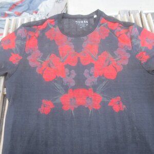 Guess Los Angeles Men's Sexy Sheer Red Rose Black Polyester T-Shirt - Size Large